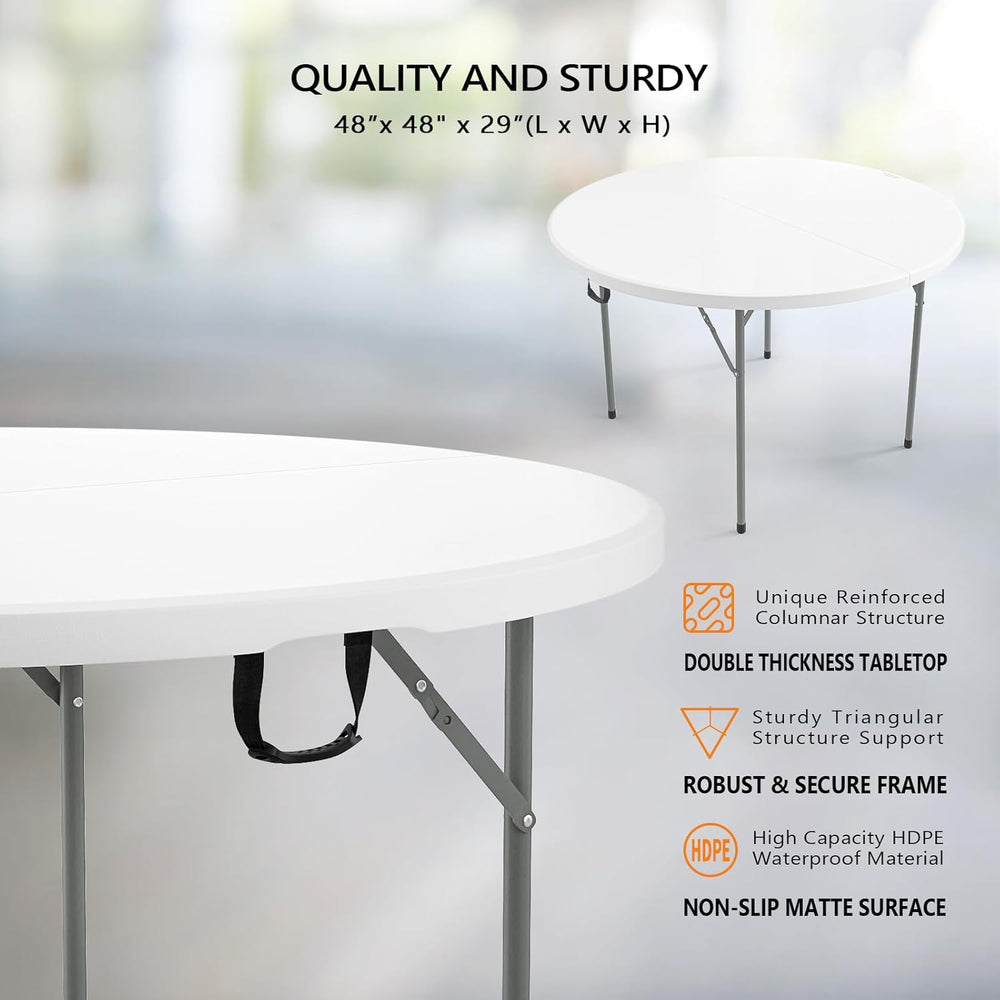 VINGLI White 48" Round Bi-Folding Commercial Table, 4 Feet Portable Plas...