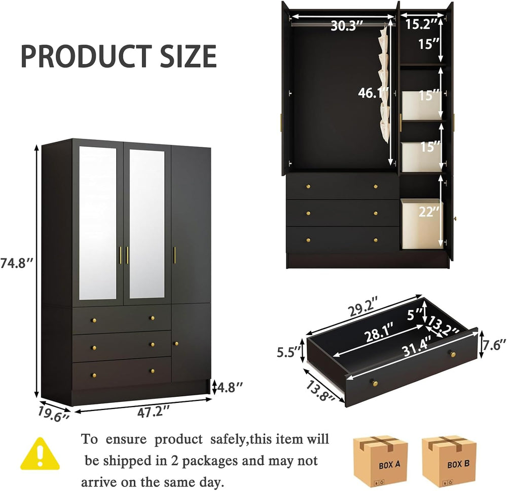 3 Doors LED Armoire Wardrobe Closet with Mirror, 75" Tall Modern Wooden ...