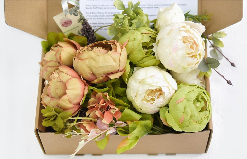 FiveSeasonStuff Rustic Brown, Beige & Green Artificial Peony Set of 2