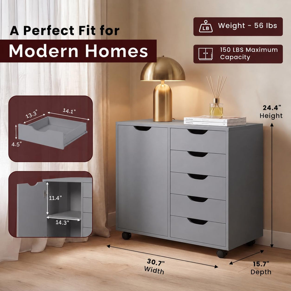 Naomi Home Amy 5-Drawer Rolling Drawer Dresser With Cabinet - Gray