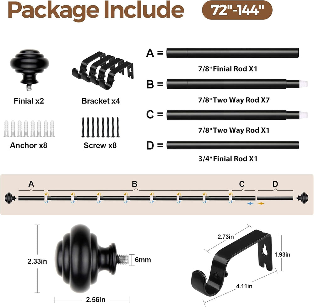 KAMANINA Black Curtain Rods for Windows 72-144 Inches Heavy Duty
