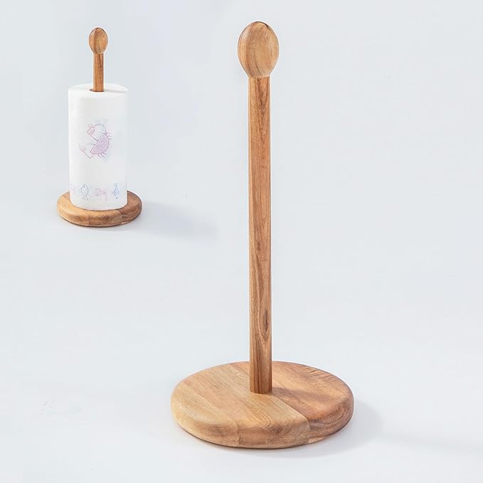 14.5" Acacia Wooden Paper Towel Holder, 6.7" Large Heavy Base Wooden Kitchen by MediterraneanFoodExperience