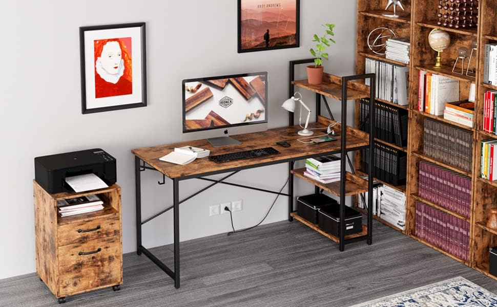 IRONCK Computer Desk 47" with Power Outlet and Storage Shelves,Rustic Brown