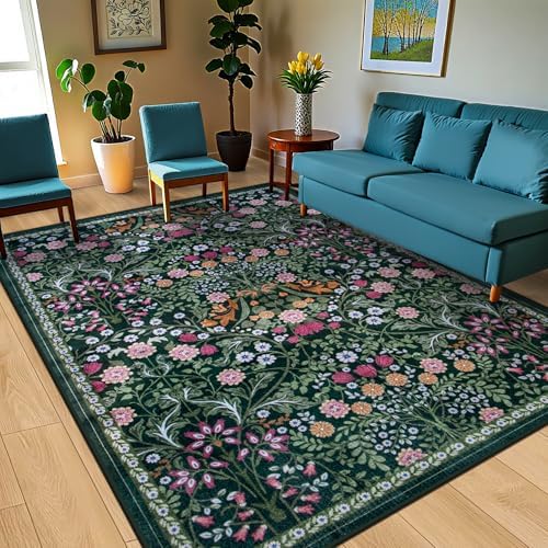 PLHXFR 8x10 Area Rug Living Room: Floral Washable Boho Carpet Dark Green
