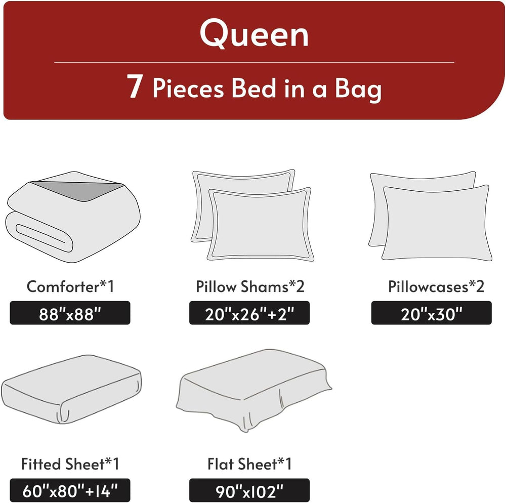 MUXHOMO Queen Comforter Set 7 Pieces, Reversible Bed in a Bag, Red/Black