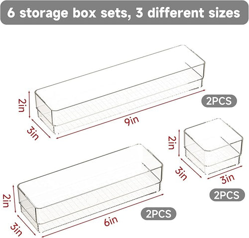 6 PCS Clear Plastic Drawer Organizer Set, 2 Sizes Acrylic Drawer Storage Trays - Image 2