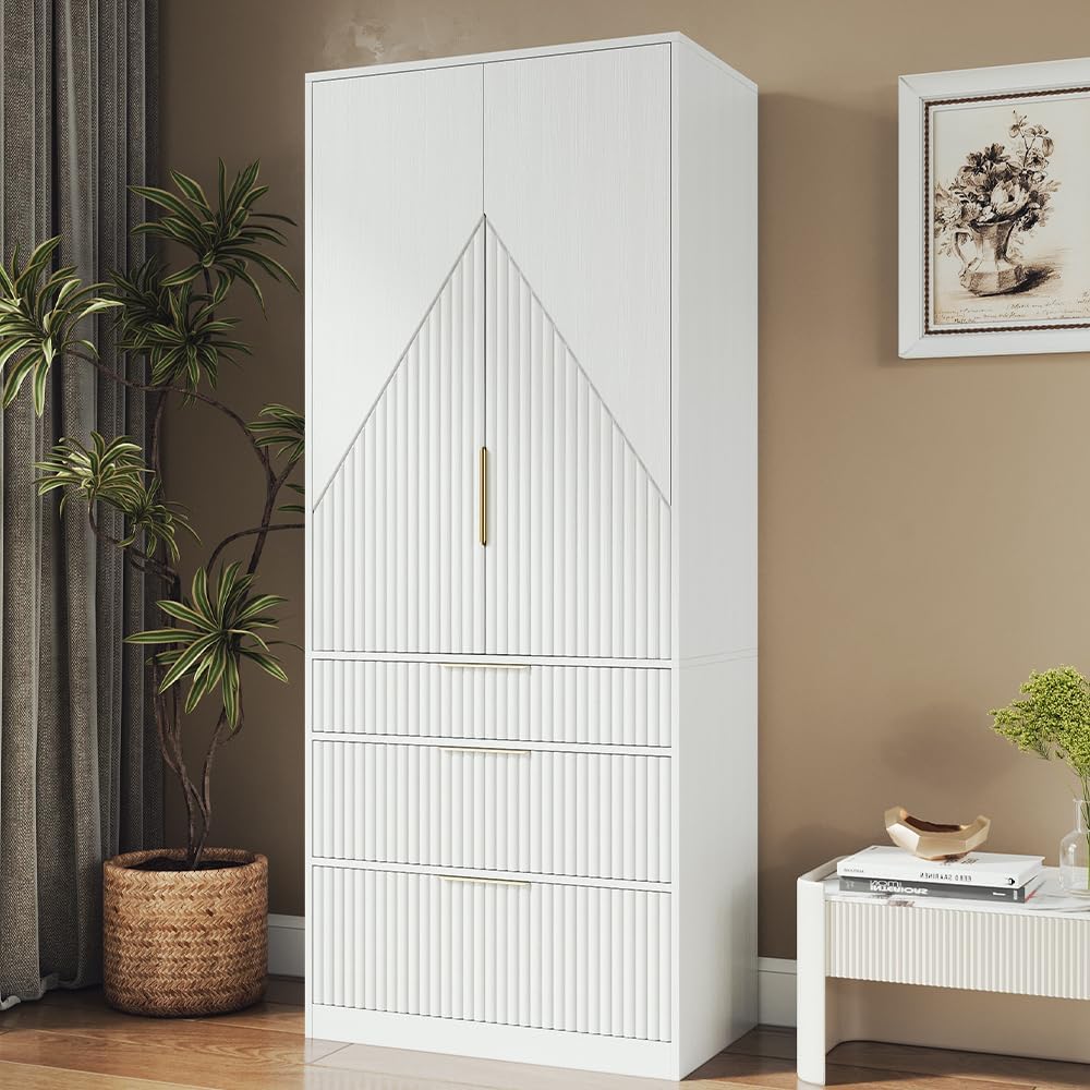 TOKSOM 70" Wardrobe Armoire Wooden Closet with 2 Doors and 3 Drawers, Be...