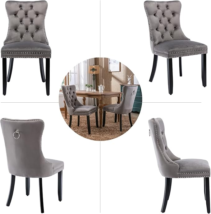 Grey Velvet Dining Chairs Set of 4, Upholstered Dining Room Chairs with Back ...