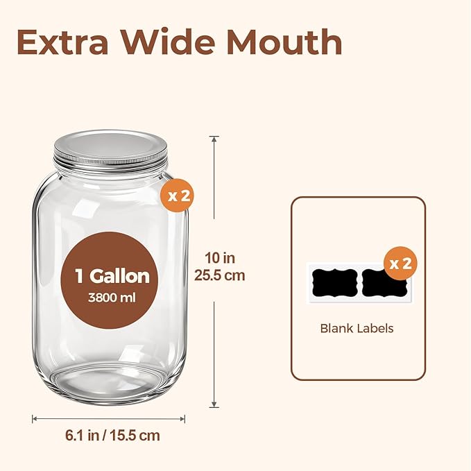 ComSaf 1 Gallon Wide Mouth Mason Jars 2 Pcs, 128 oz Glass Jars - Image 2