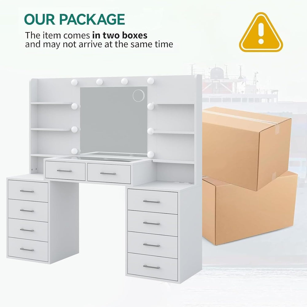 Yanosaku 55'' W Makeup Vanity with Mirror & Lights, 10 Drawers Va...