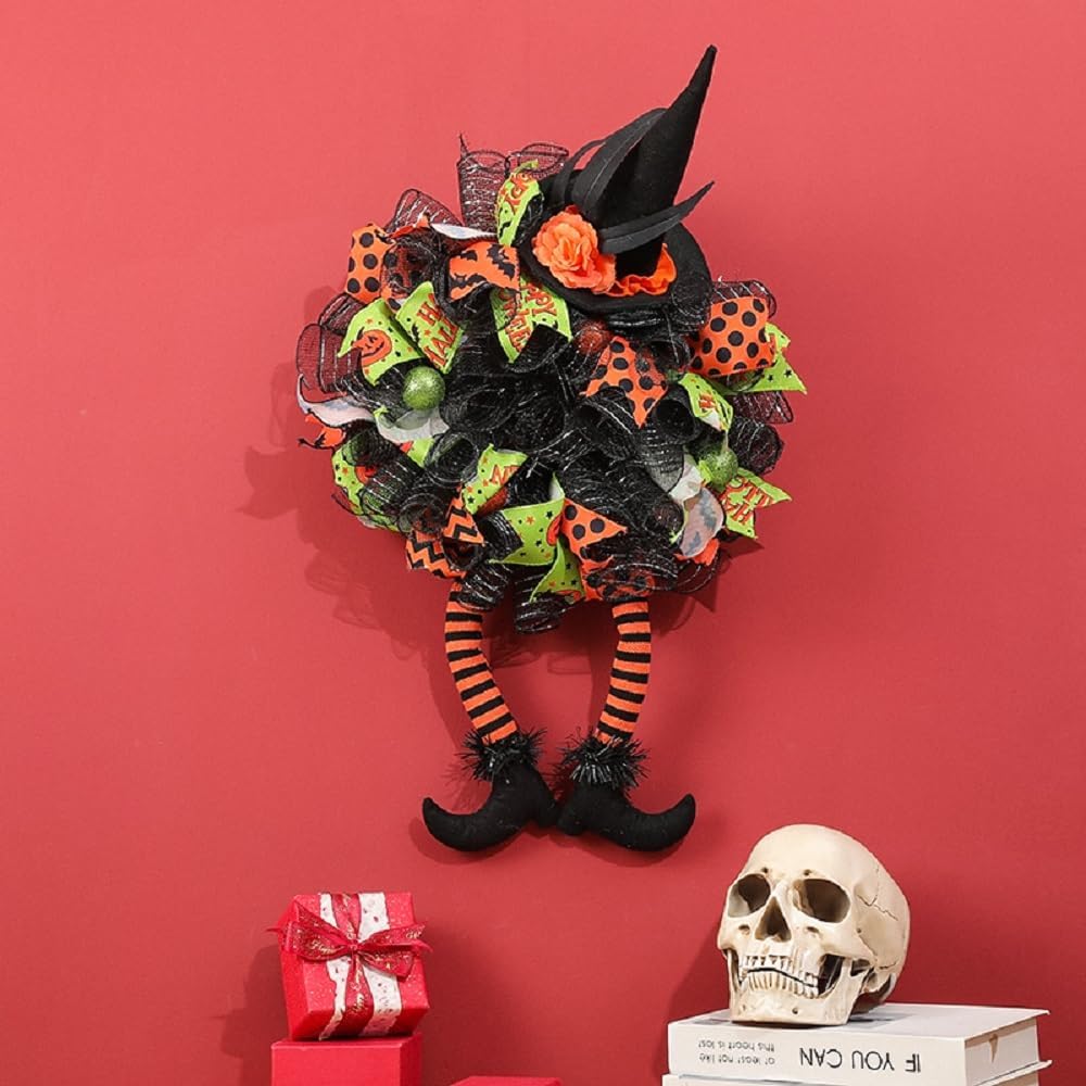 Halloween Witch Mesh Hat Legs Wreath, Front Door Decoration