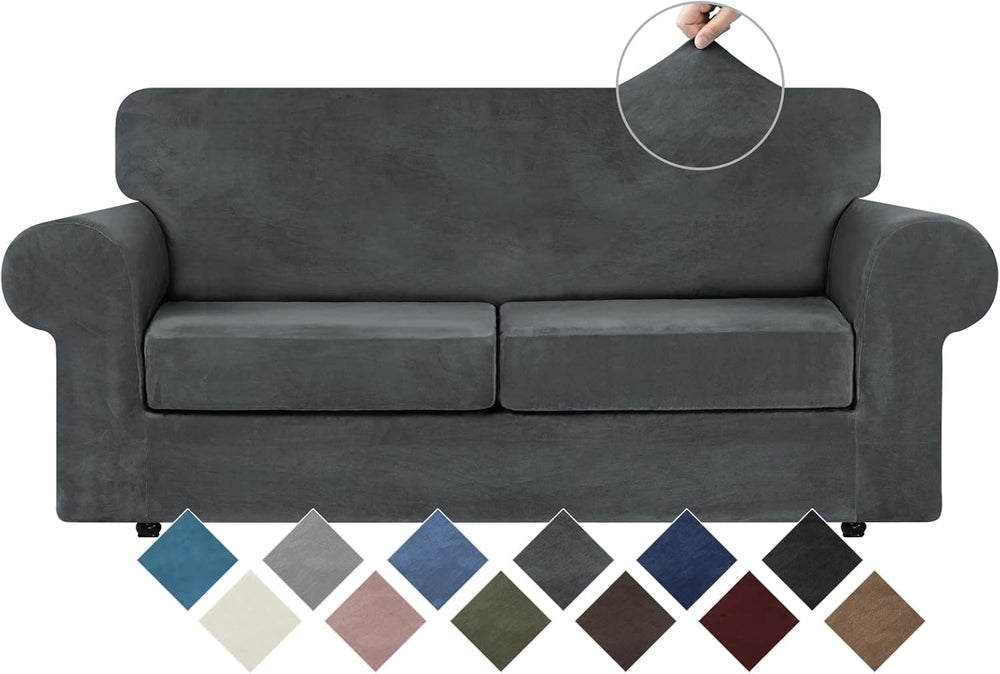 WEERRW Velvet Stretch 3 Pieces Couch Cover for Sofa Washable, Dark Grey