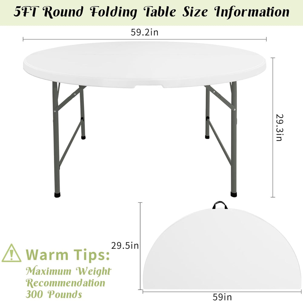 Fivenl 5 FT Round Folding Tables White Foldable Table, Fold-in-Half with Carr...