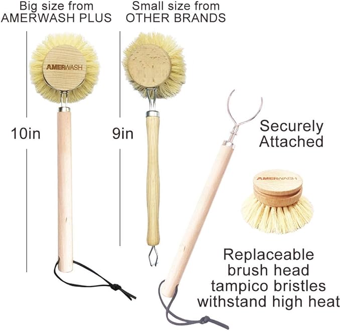 AMERWASH PLUS Dish Brush with Wooden Handle, Natural Kitchen Brush - Image 5