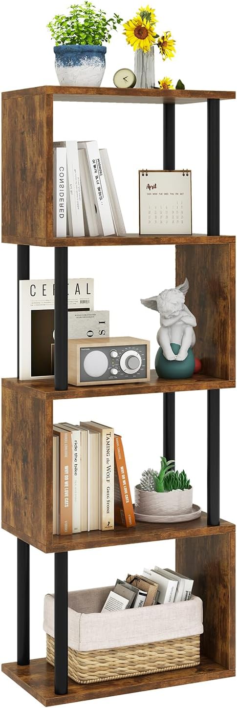 IBUYKE 5-Tier Tall Bookshelf,S-Shaped Geometric Bookcase, Wood Display Shelve...