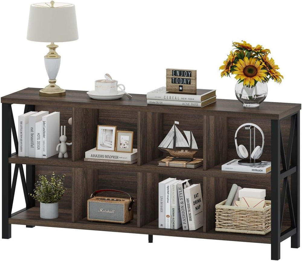 8 Cube Storage Organizer Bookshelf, 62 Inch Rustic Wood Horizontal Bookcase, ...