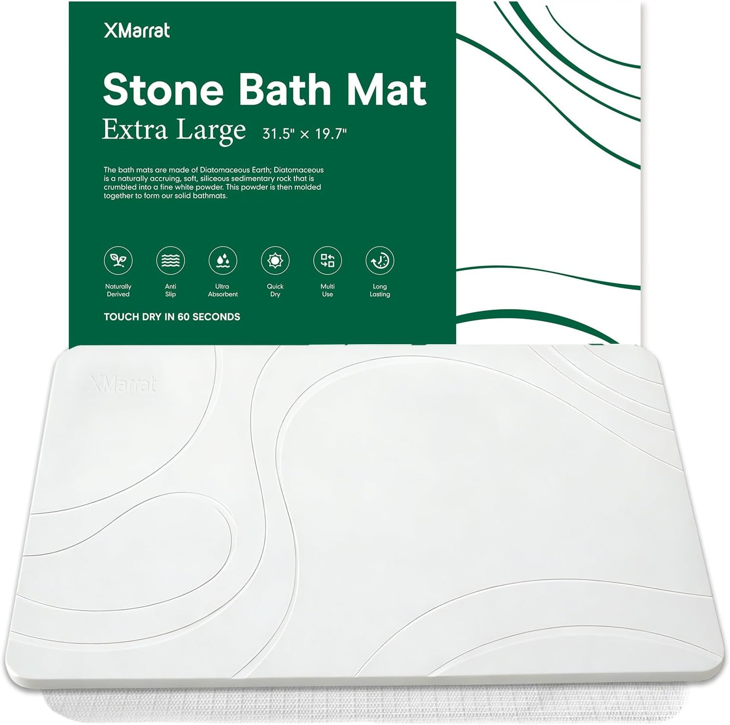 Extra Large Stone Bath Mat, Diatomaceous Earth Mat, 31.5"x19.7" | Super Absorbent, Modern Quick Drying Diatomite Bathmats, Non-Slip Base, Easy Clean for Shower Floor & Bathroom (White)