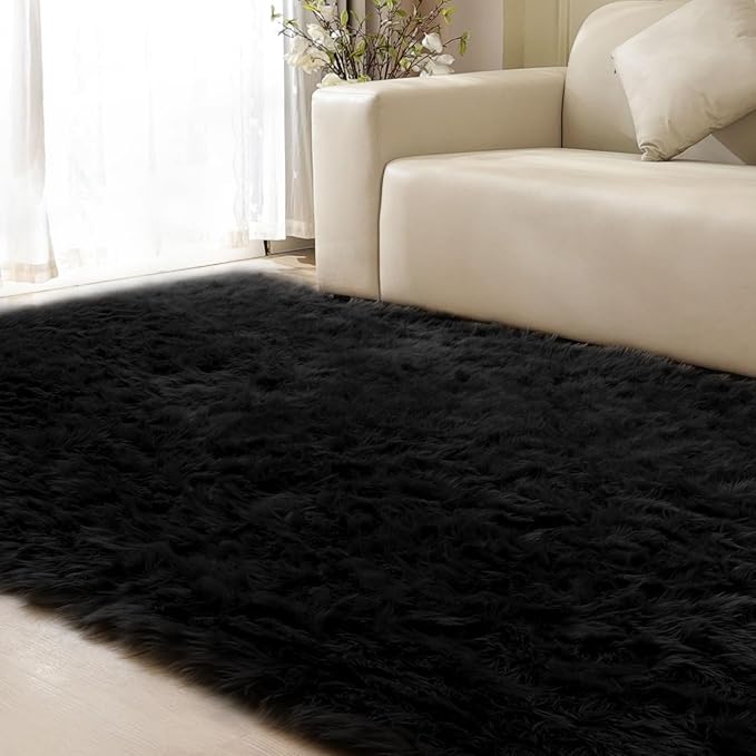 ORINOVA Black Fuzzy Faux Sheepskin Shaggy Fur Rugs - Image 9