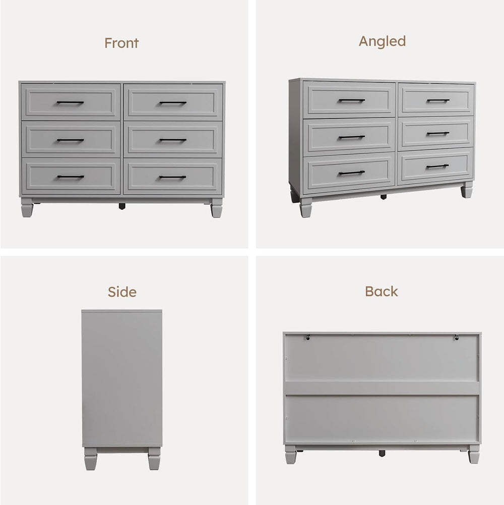 Grey Dressers for Bedroom, 6 Drawer Wood Chest, Wide Farmhouse Dresser