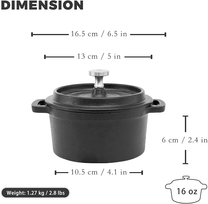 Flavehc Mini Cocotte 16 oz Pre-Seasoned Mini Dutch Oven 0.5 qt. Cast Iron - Image 3