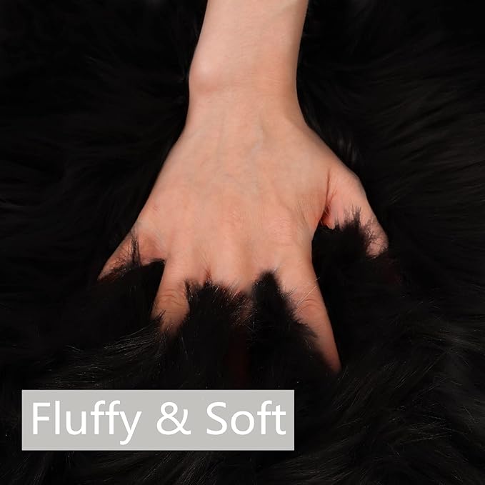 duduta Black Faux Sheepskin Fur Throw Rug 2x3 ft, Fluffy Shag Chair Cover Small - Image 6
