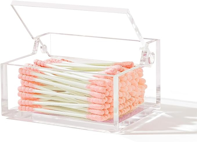 Clear Acrylic Qtip Holder with Lid, Cotton Balls Swab Organizer, 3.9" x 2.8" x by Dealpoli