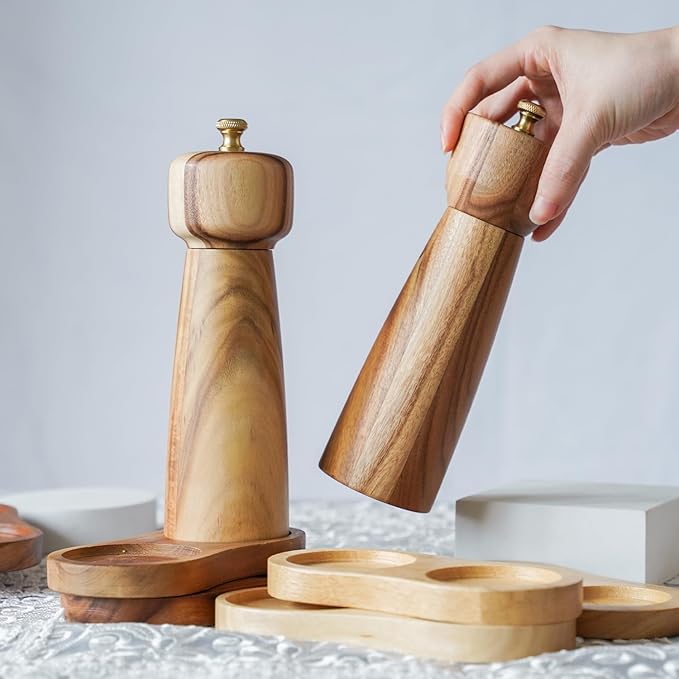 Salt and Pepper Mill Set with Tray, Adjustable Ceramic Grinder Salt Mill