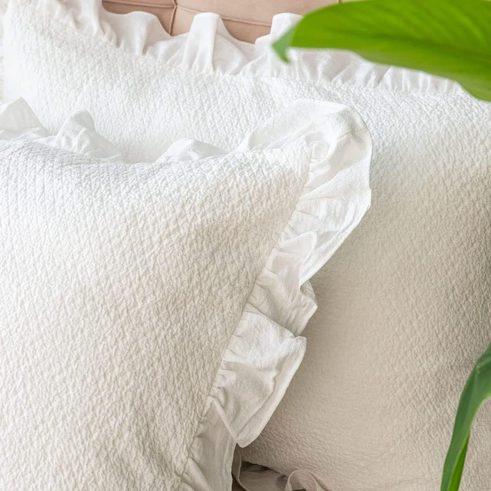 Pillow Shams Set of 2 Pure Cotton Champray Ruffled Edge,Thick and Solid Washe...