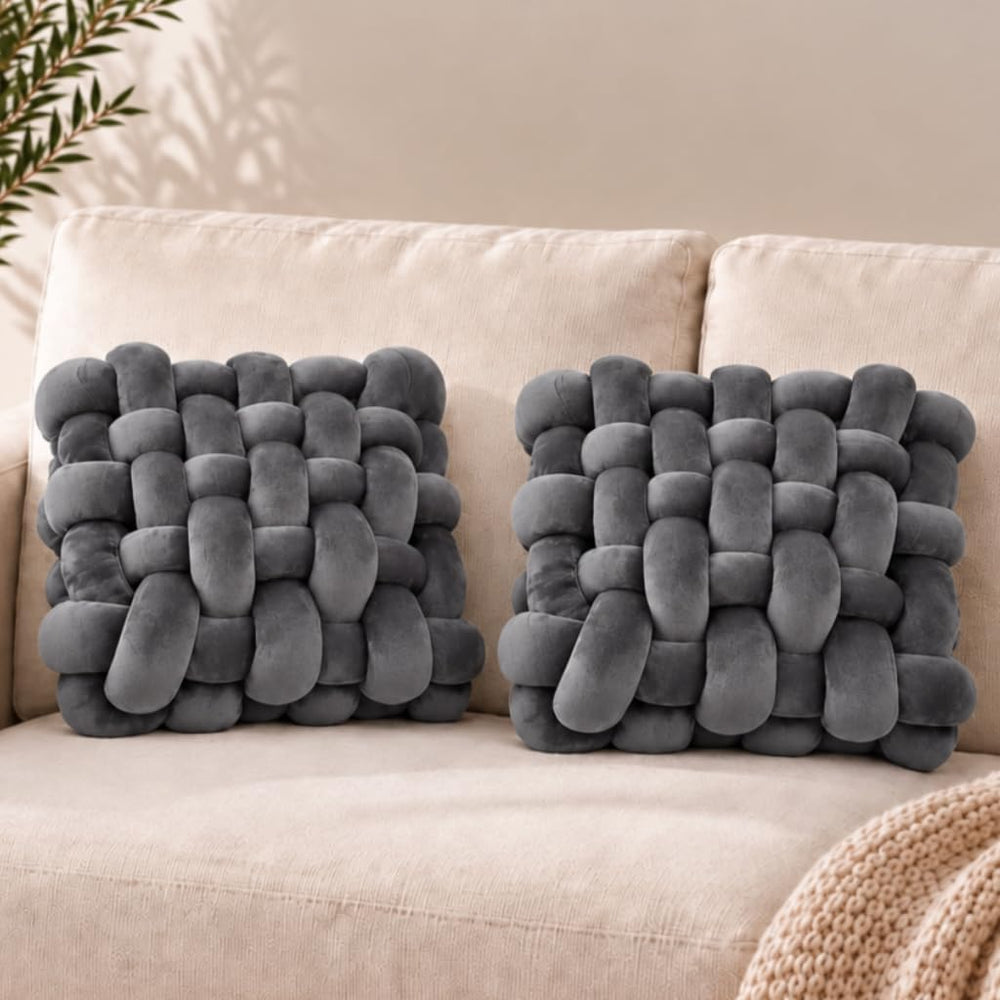 2 Pcs Square Knot Throw Pillows, Crystal Velvet, (Dark Grey)