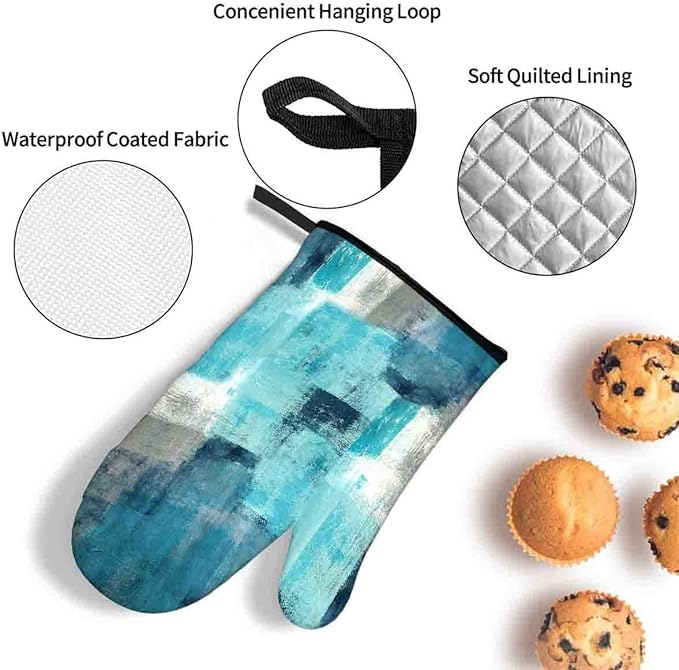 LOKMU Oven Mitts and Pot Holders Set of 3, Teal and Grey White Abstract Art - Image 4