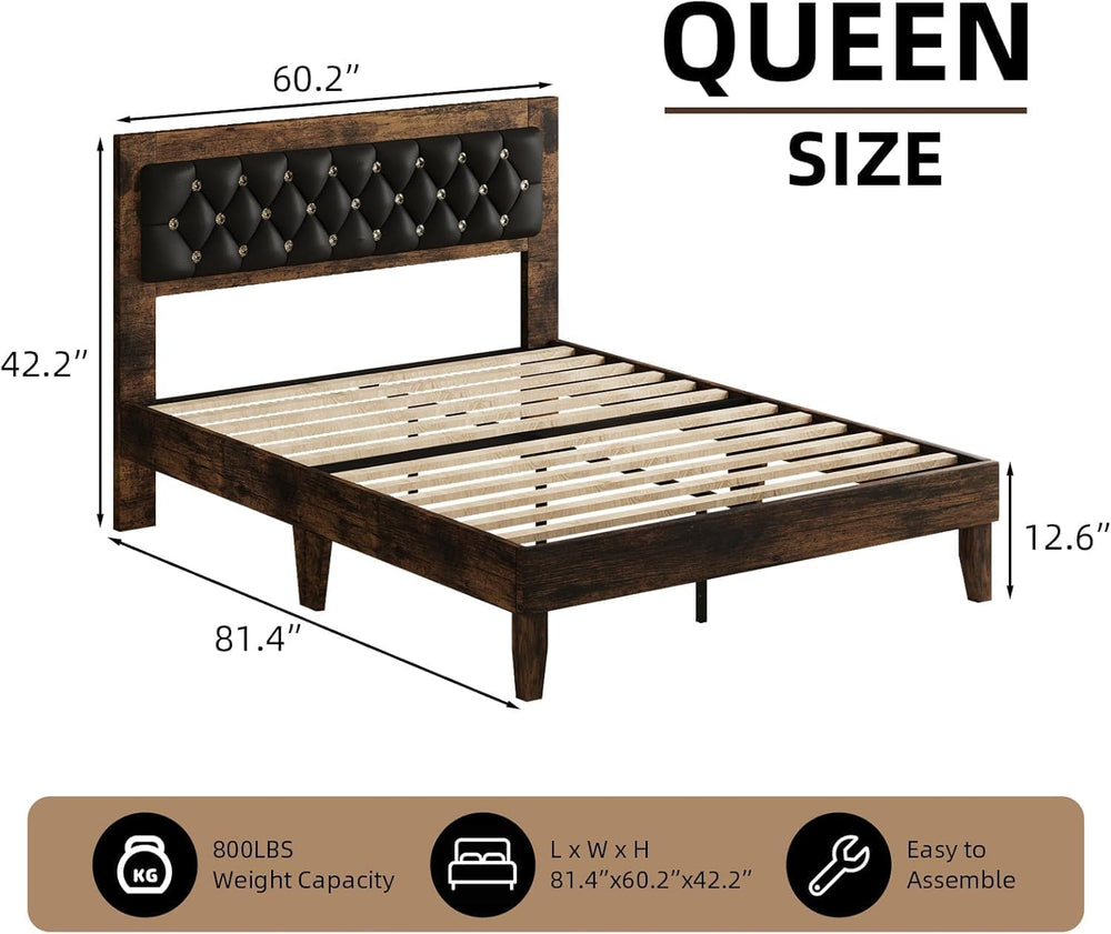 Wood Queen Bed Frame with Diamond Tufted Upholstered Headboard, Walnut