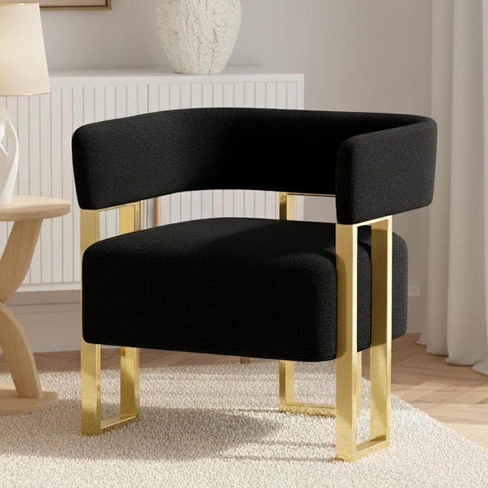 Mid Century Modern Accent Chair, Barrel Armchair, Black Boucle, Gold Leg