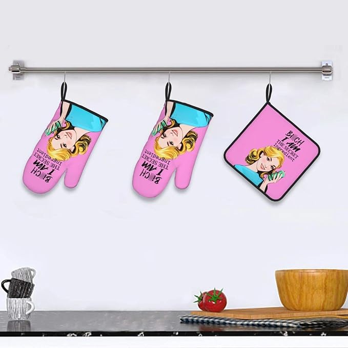 Funny Oven Mitts and Pot Holders Sets, Cute Pink Heat Resistant Oven Gloves and - Image 6
