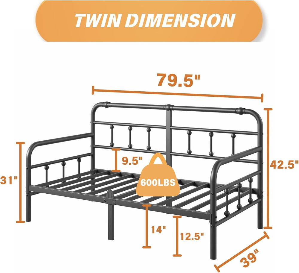 Twin Daybed Frame, Exquisite Day Bed Frame Twin Size with Headboard, Metal Pl...