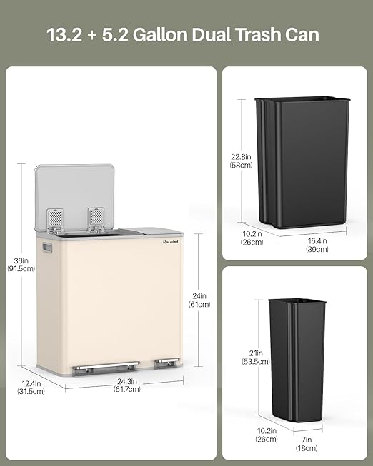Dual Trash and Recycling Bins for Kitchen, 13.2 + 5.2 Gal Stainless Steel Trash