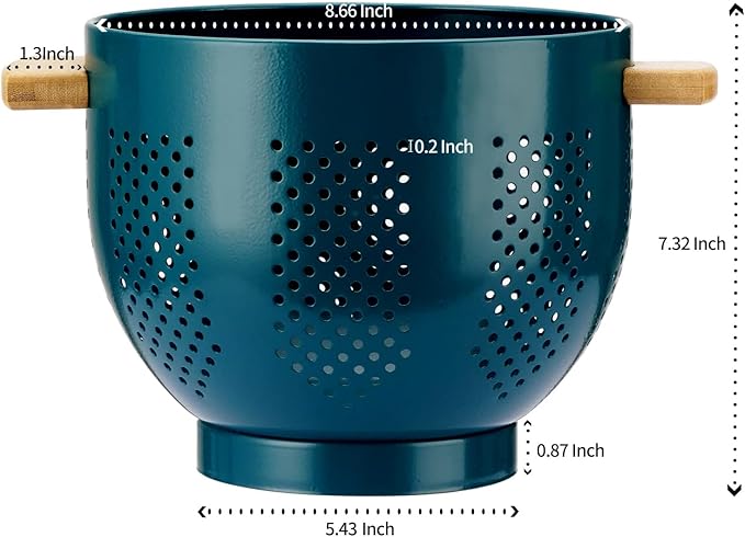 Metal Colander with Wood Handle, Powder Coated Steel Large Kitchen Strainer - Image 2