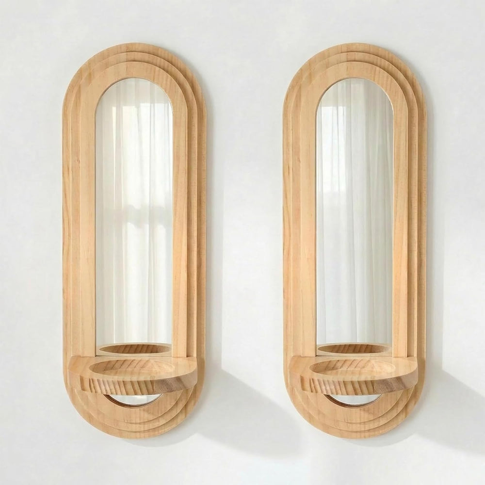 Wood Wall Sconce Candle Holder with Mirror - Set of 2 Wooden Candle Holders,F...