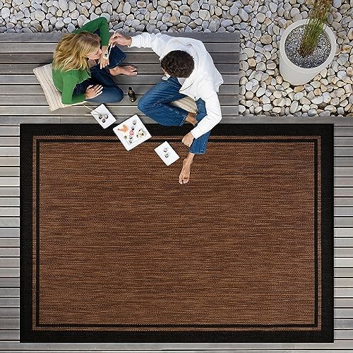 CAMILSON Indoor Outdoor Rug, 8x10 Bordered Nut Brown Black Modern Area Rugs f...