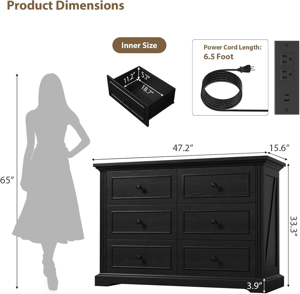 Farmhouse 6 Drawer Dresser for Bedroom, 47" Wide Wood Chest of Drawers w...