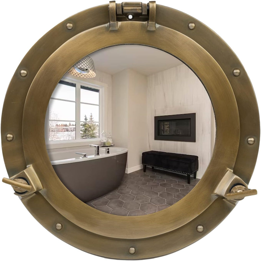 8 Inch Porthole Mirror – Small Round Nautical Wall Decor, Antique Brass Alumi...