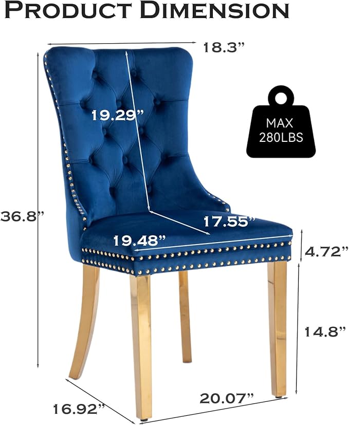 Velvet Upholstered Dining Chairs Set of 2, Modern Style Kitchen Side Chairs w...