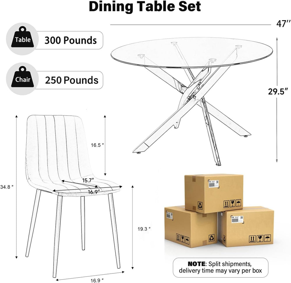 Modern Round Glass Dining Table Set for 4, 47'' Large Tempered Glass ...