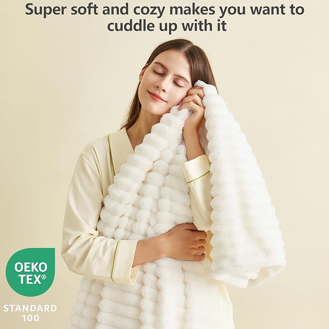 HIMEET Off White Ribbed Queen Size Blanket - Image 2