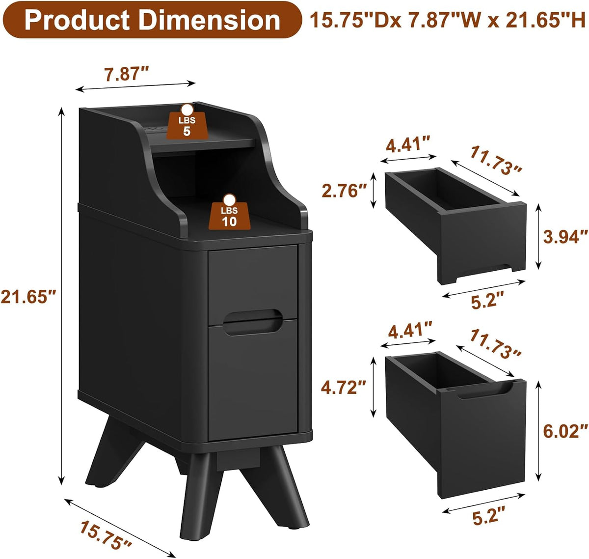 Narrow Nightstand with Drawers, Wood Night Stand with Charger Station, Narrow Bedside Table Modern Side Table Skinny End Table for Bedroom, Black
