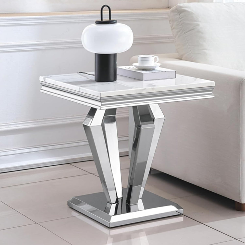 White Marble Coffee Table Set of 3, Luxury Marble Coffee Table and 2 Silver W...