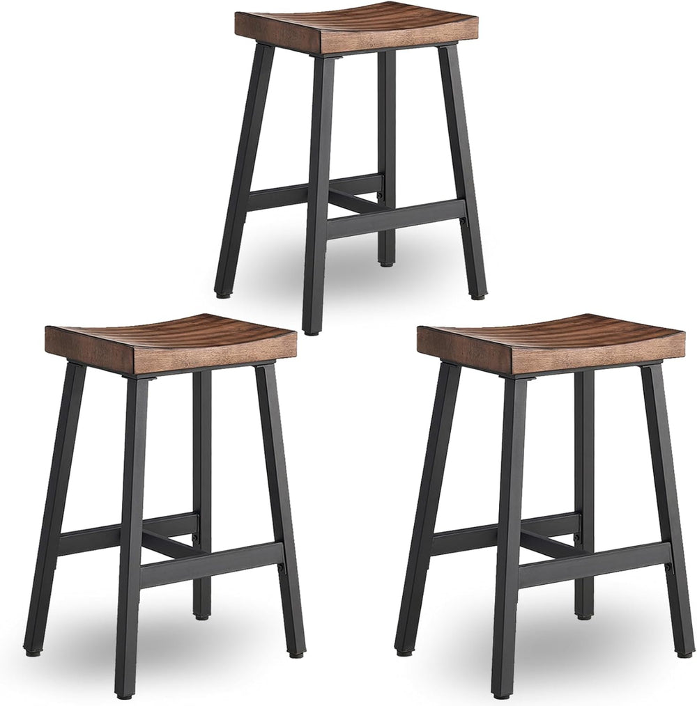 KORZEY Wood Counter Bar Stools Set of 3, Industrial Barstools with Rustic Sad...