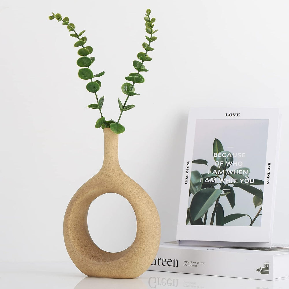 LCCCK Matte Beige Ceramic Vase, Tan Circle Vases with Hole, Neutral Rustic Ce...