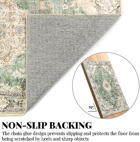 MUJOO Green Rug 8x10 Washable Area Rugs Non Slip Low-Pile Floral Large