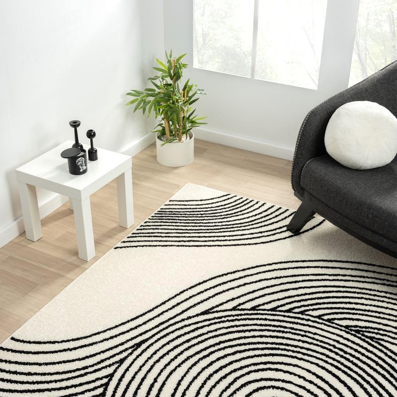 Abani Cream and Black Swirl Area Rug | 6" x 9" Beige Carpet with Wa...