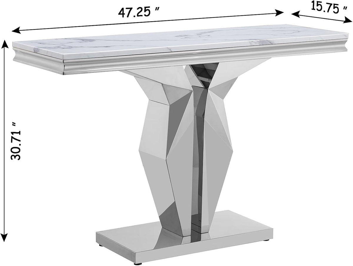 faux marble console table luxury white marble entryway shown in use